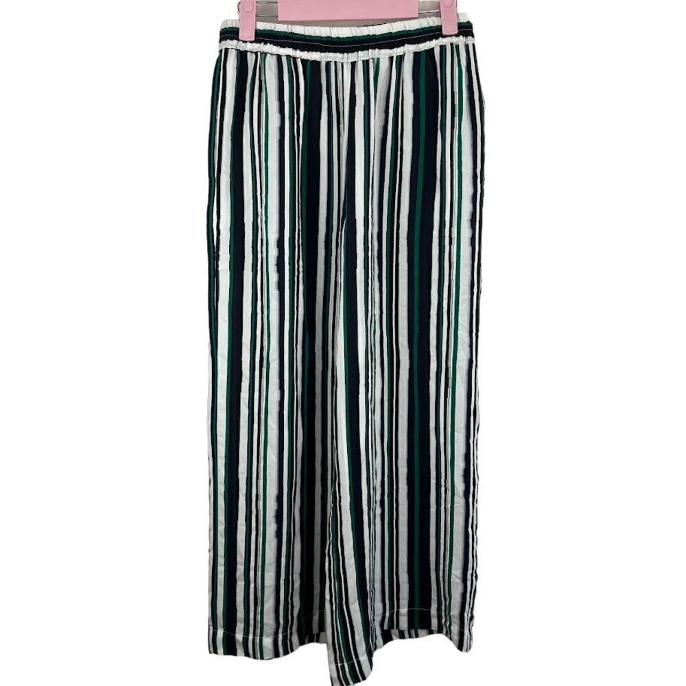 Amour Vert green white blue striped flowy 100% silk wide leg pants size small